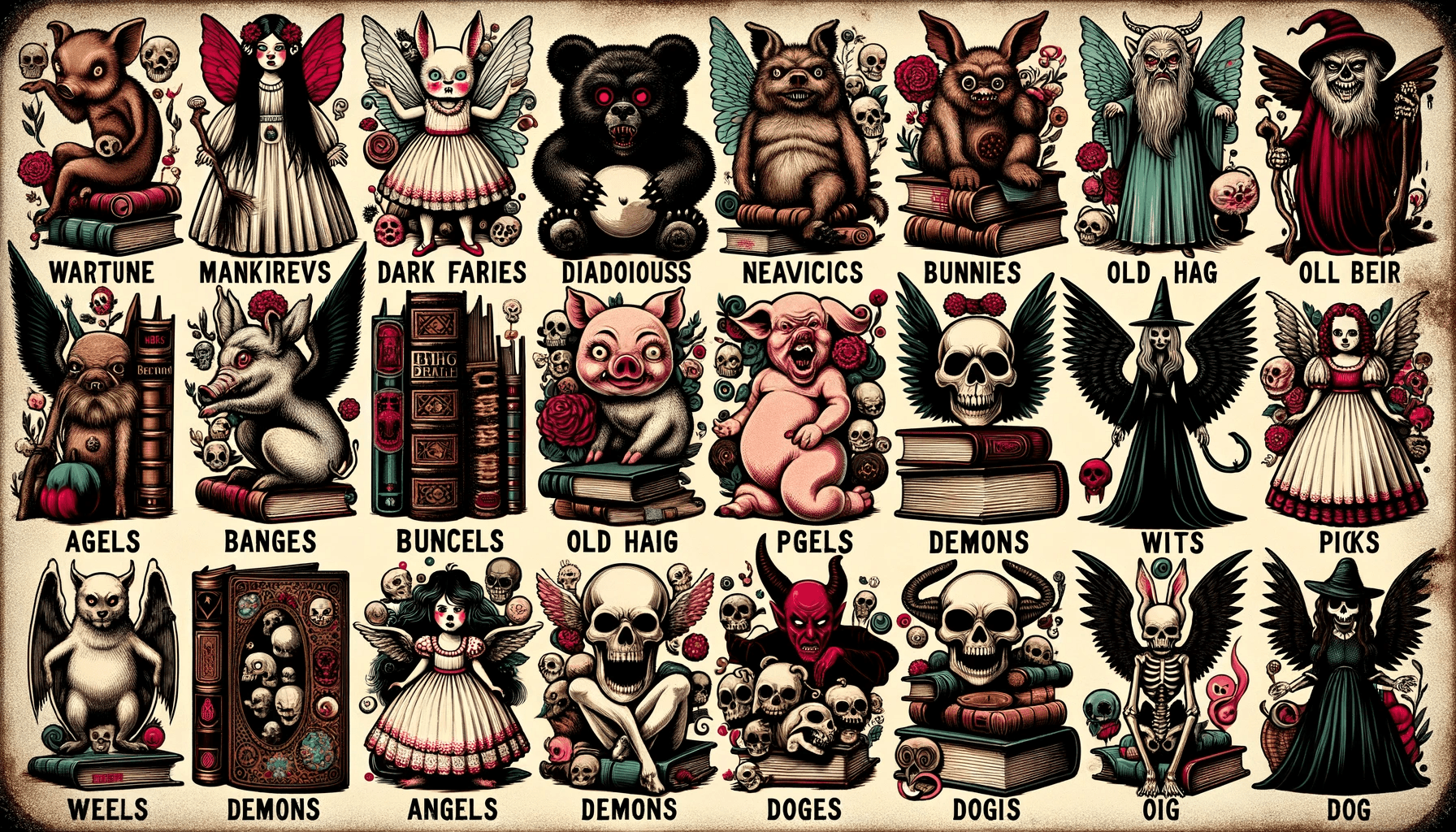 Retro-style illustration showcasing dark fairies, satanic bears, evil bunnies, old witches, pigs, one clown child, angels, demons, skeletons, and dogs as figurines. Positioned centrally against a backdrop of slightly larger vintage books, the scene evokes feelings of nostalgia, with warm hues, aged textures, and intricate details that transport viewers to a bygone era filled with eerie tales and figures.